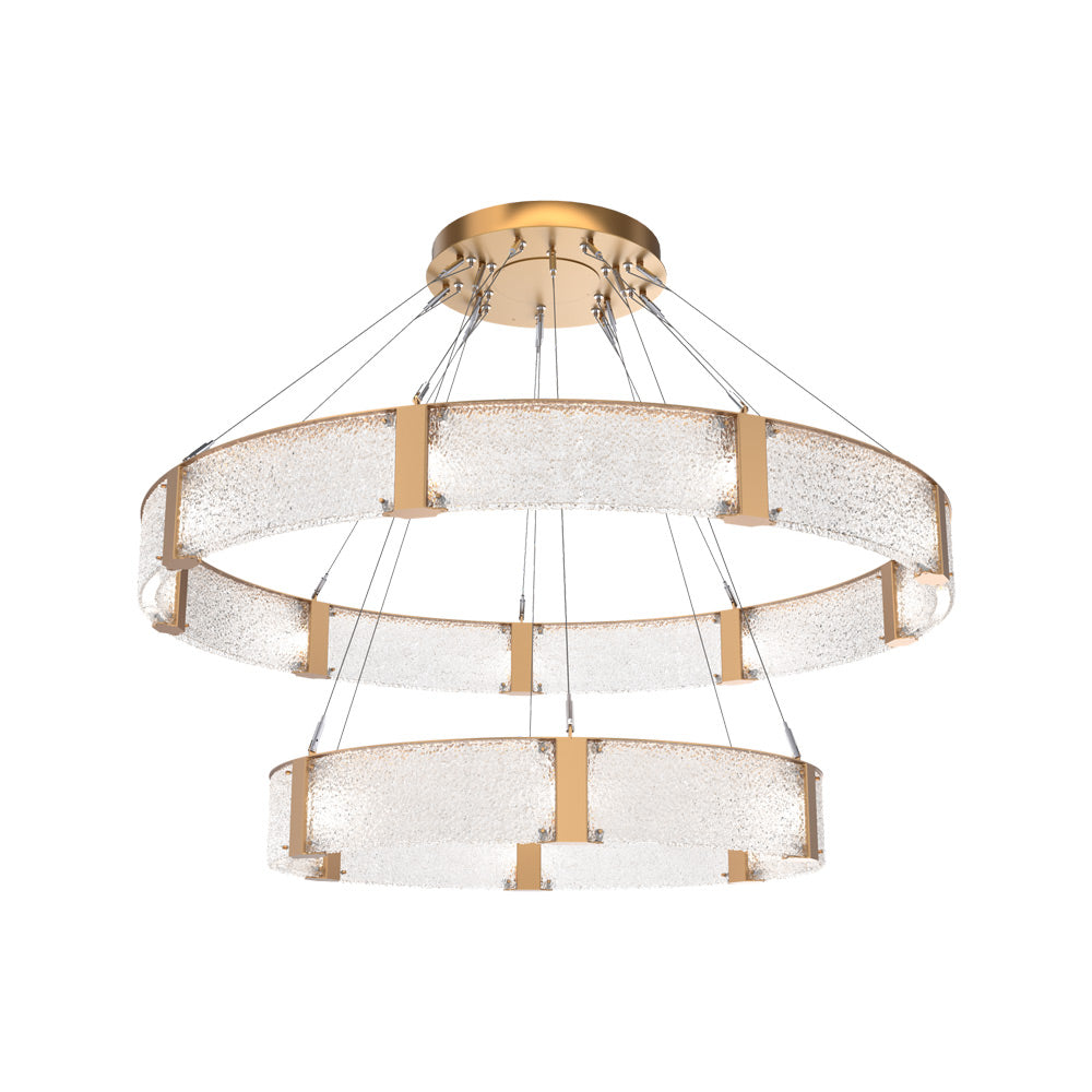 Parallel Two-Tier Ring LED Chandelier in Novel Brass/Crystal Rimelight Blown Glass (60-Inch).