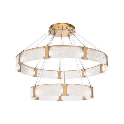 Parallel Two-Tier Ring LED Chandelier in Novel Brass/Crystal Rimelight Blown Glass (60-Inch).