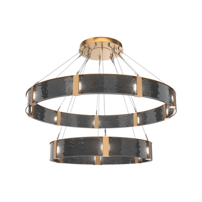 Parallel Two-Tier Ring LED Chandelier in Novel Brass/Smoke Granite Blown Glass (60-Inch).