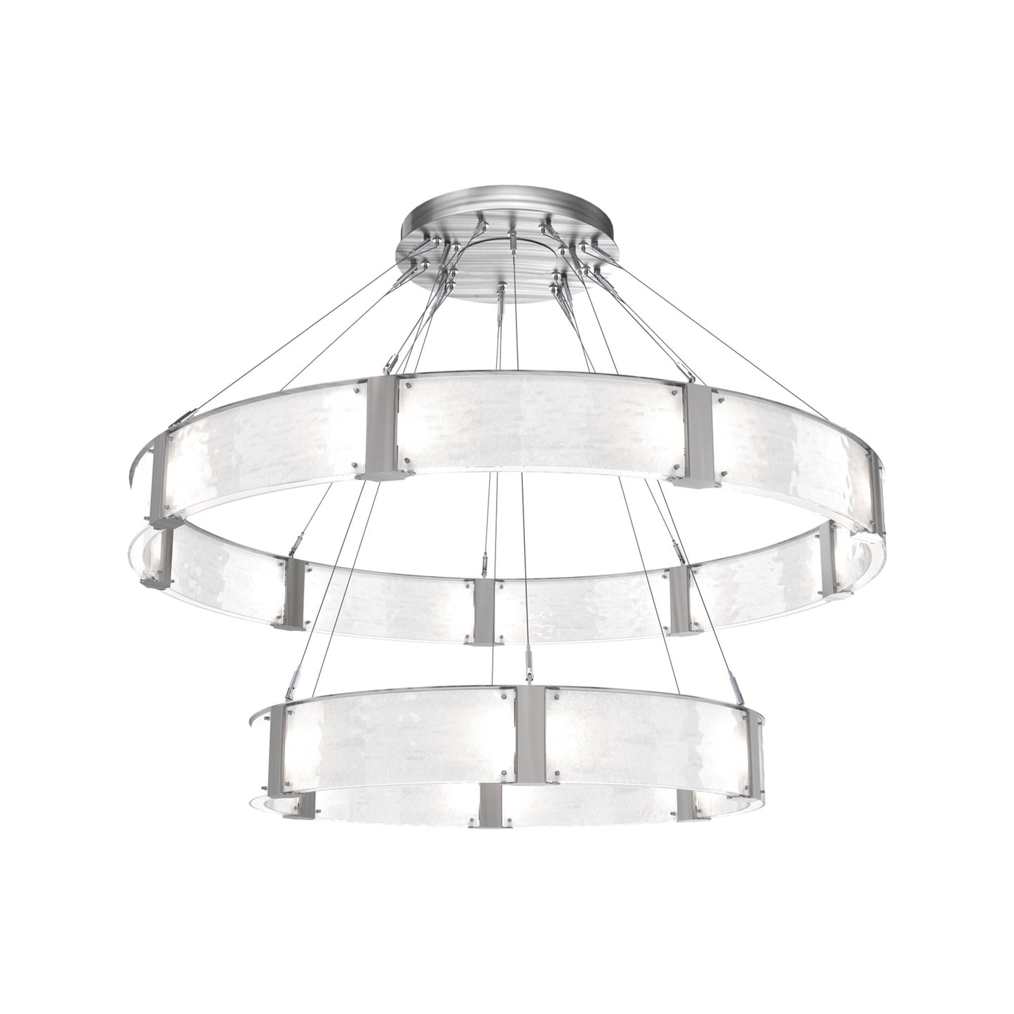 Parallel Two-Tier Ring LED Chandelier in Satin Nickel/Clear Granite Blown Glass (60-Inch).