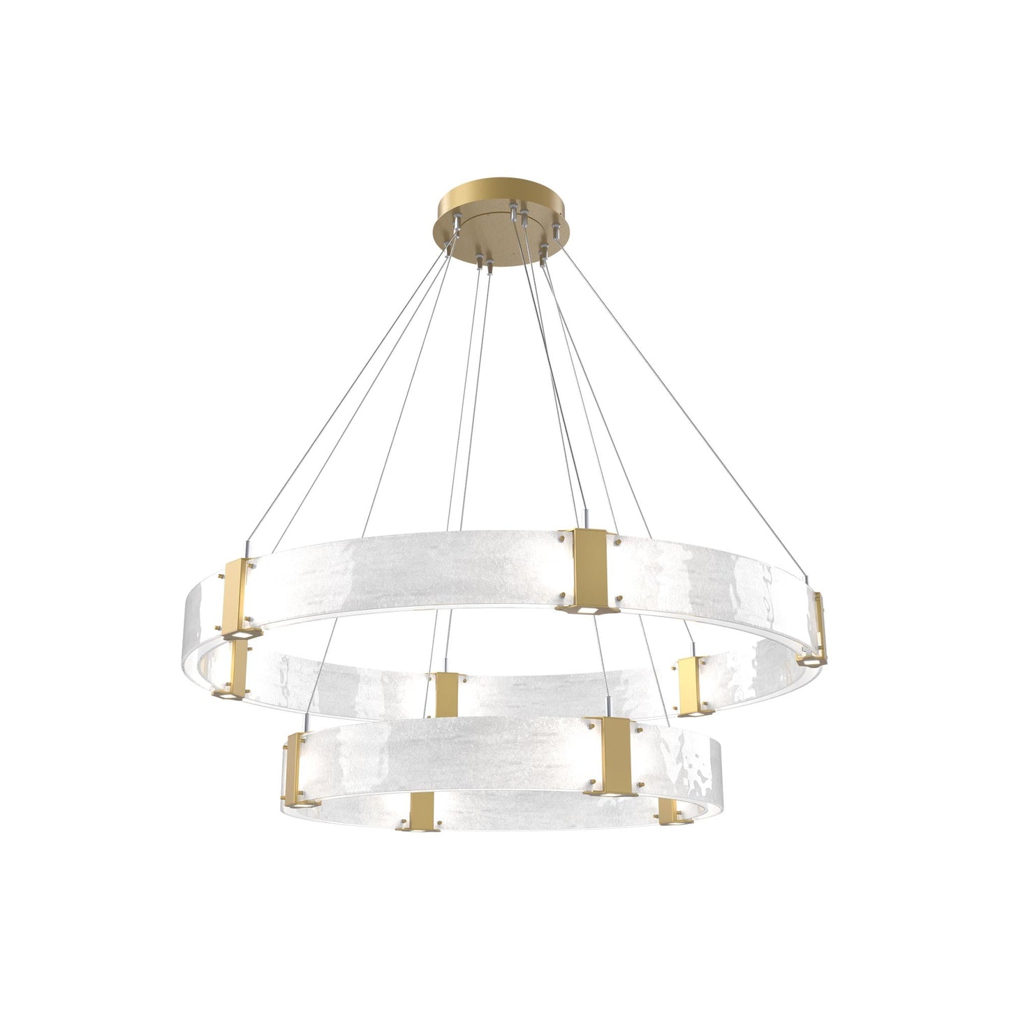 Parallel Two-Tier Ring LED Chandelier in Gilded Brass/Clear Granite Blown Glass (48-Inch).