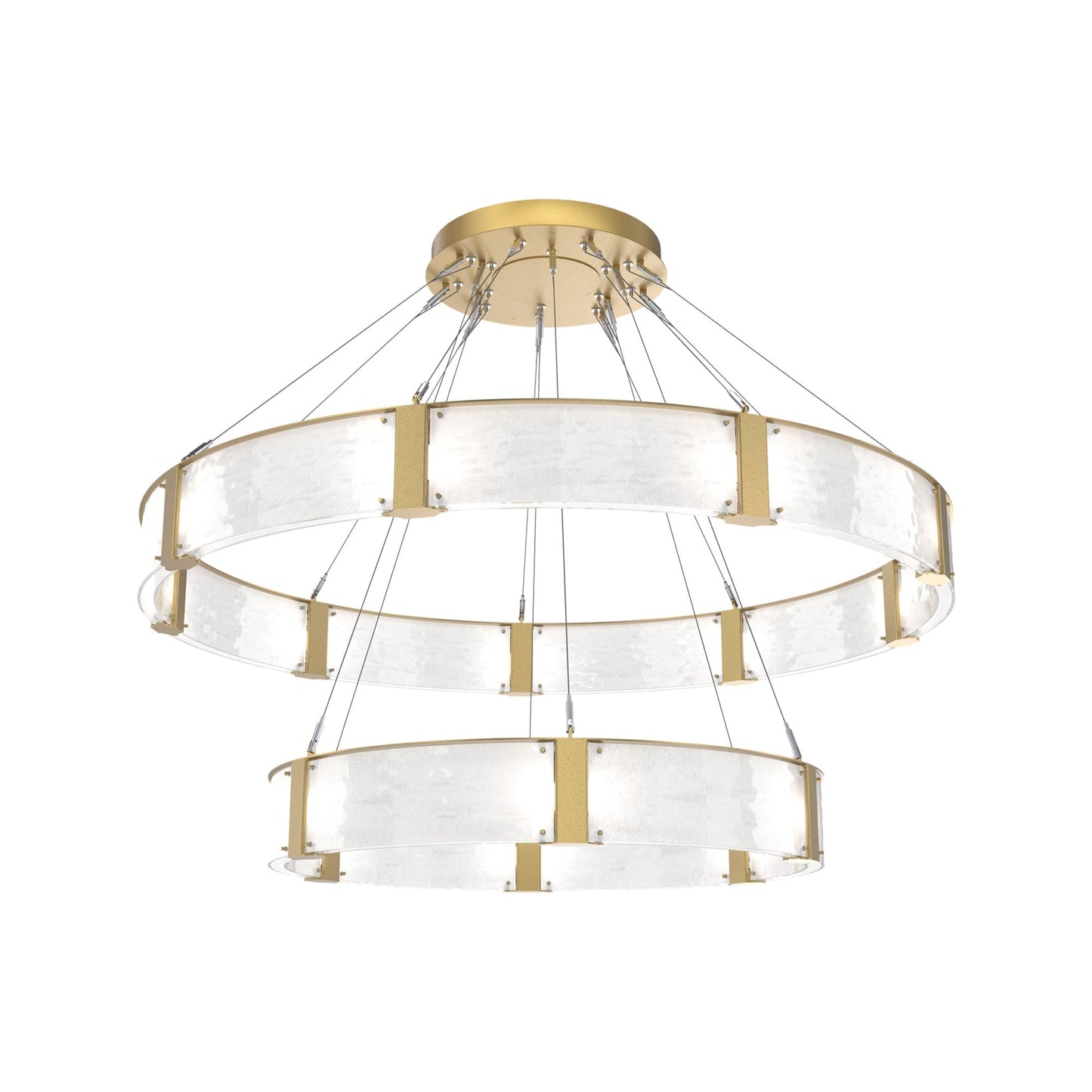 Parallel Two-Tier Ring LED Chandelier in Gilded Brass/Clear Granite Blown Glass (60-Inch).