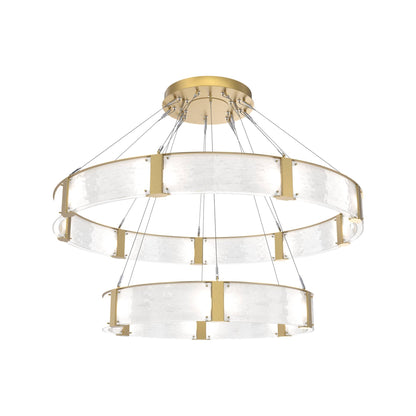 Parallel Two-Tier Ring LED Chandelier in Gilded Brass/Clear Granite Blown Glass (60-Inch).