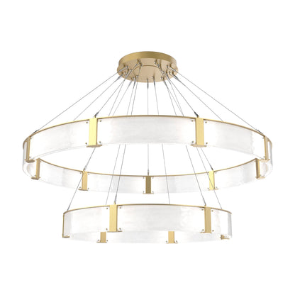 Parallel Two-Tier Ring LED Chandelier in Gilded Brass/Clear Granite Blown Glass (72-Inch).