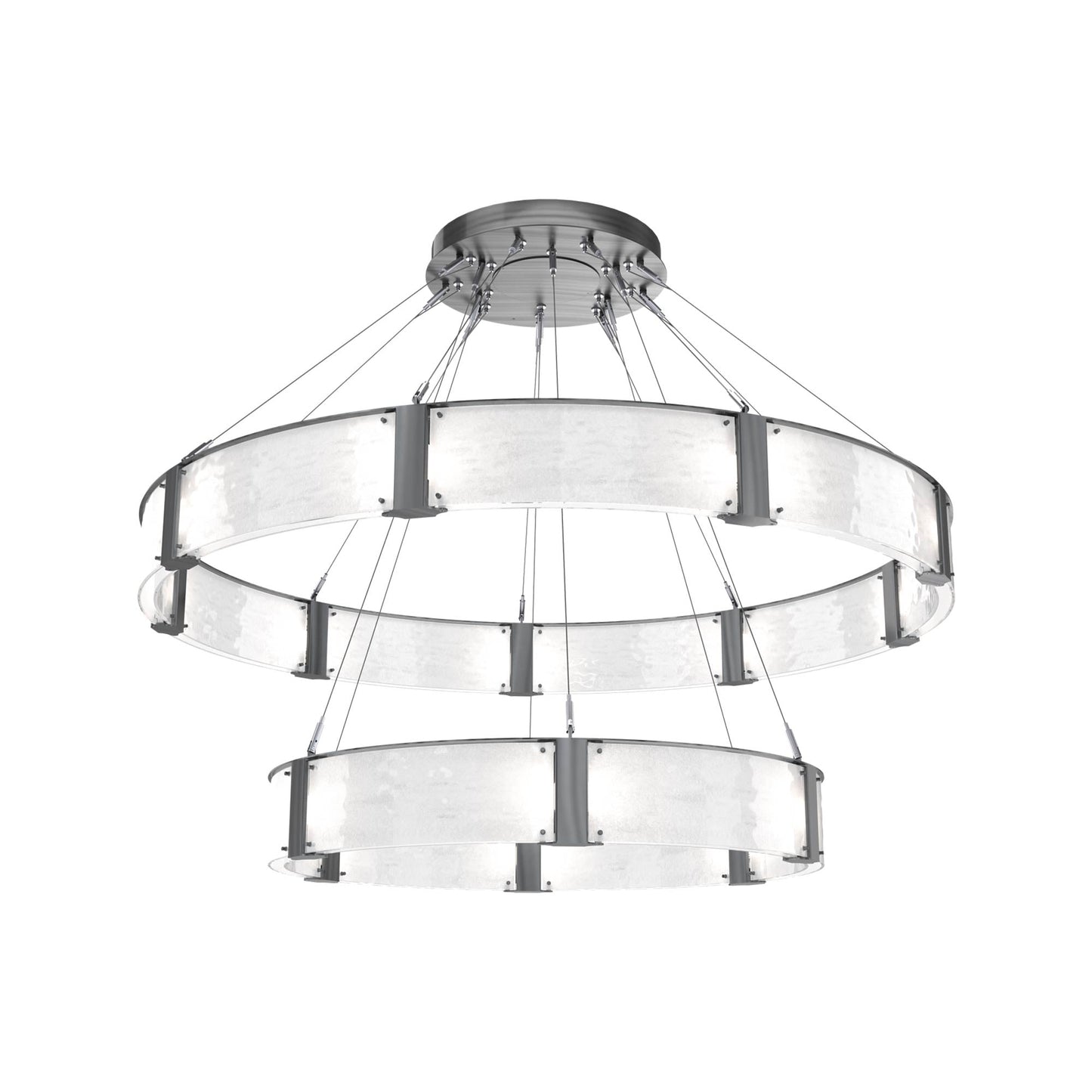 Parallel Two-Tier Ring LED Chandelier in Gunmetal/Clear Granite Blown Glass (60-Inch).