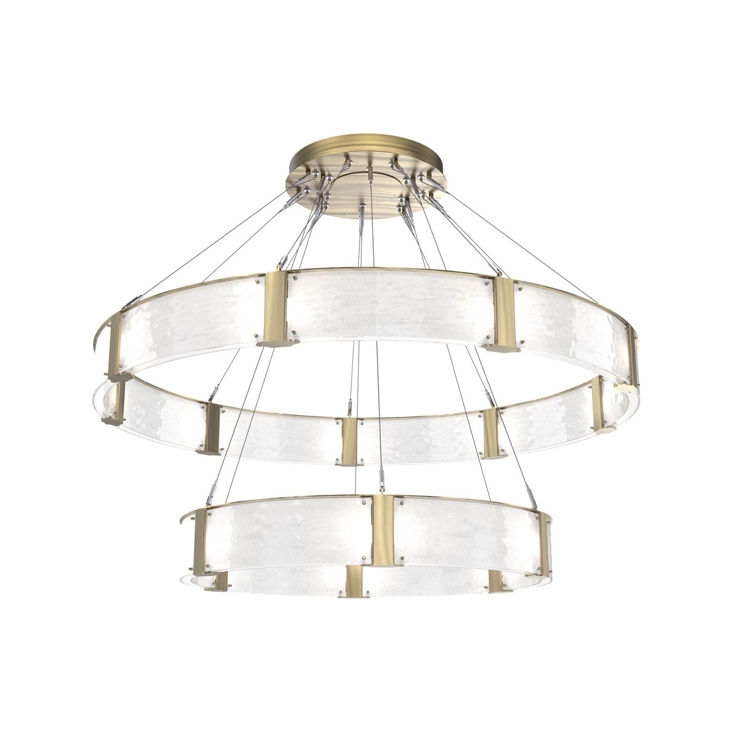 Parallel Two-Tier Ring LED Chandelier in Heritage Brass/Clear Granite Blown Glass (60-Inch).