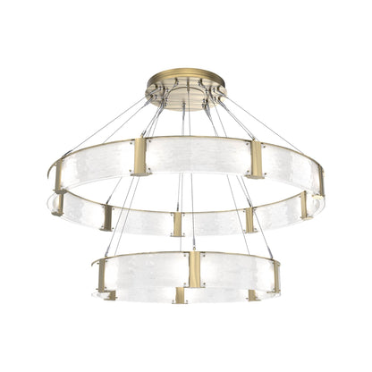 Parallel Two-Tier Ring LED Chandelier in Heritage Brass/Clear Granite Blown Glass (60-Inch).