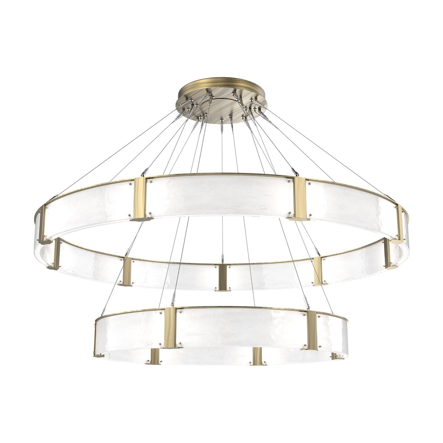Parallel Two-Tier Ring LED Chandelier in Heritage Brass/Clear Granite Blown Glass (72-Inch).