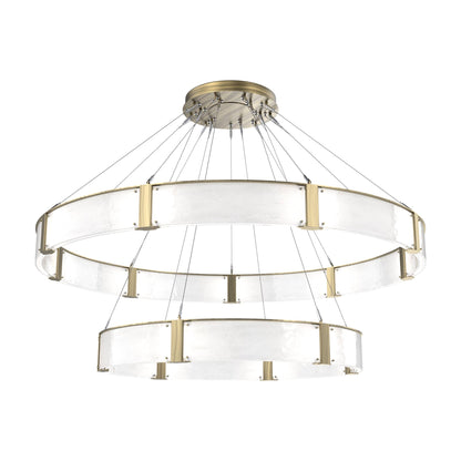 Parallel Two-Tier Ring LED Chandelier in Heritage Brass/Clear Granite Blown Glass (72-Inch).