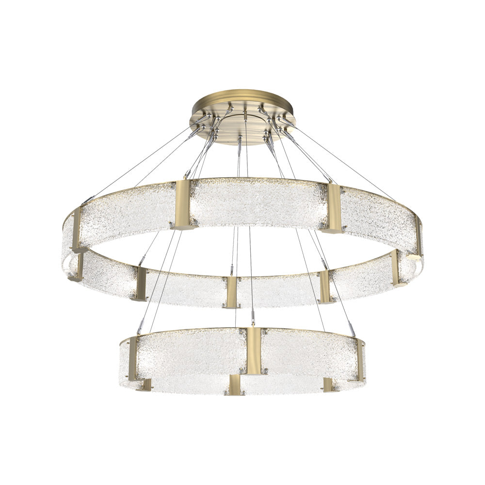 Parallel Two-Tier Ring LED Chandelier in Heritage Brass/Crystal Rimelight Blown Glass (60-Inch).