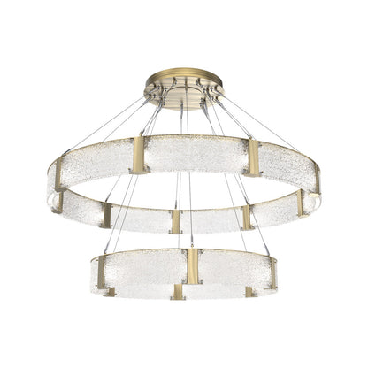 Parallel Two-Tier Ring LED Chandelier in Heritage Brass/Crystal Rimelight Blown Glass (60-Inch).