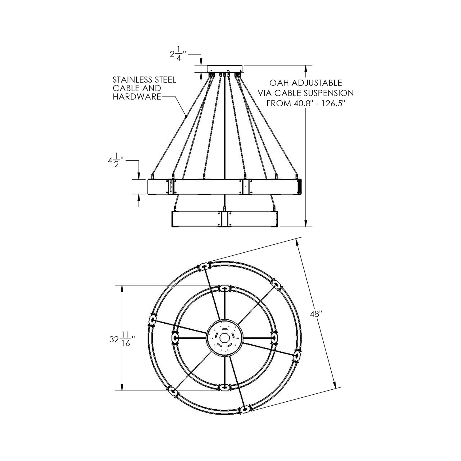 Parallel Two-Tier Ring LED Chandelier - line drawing.