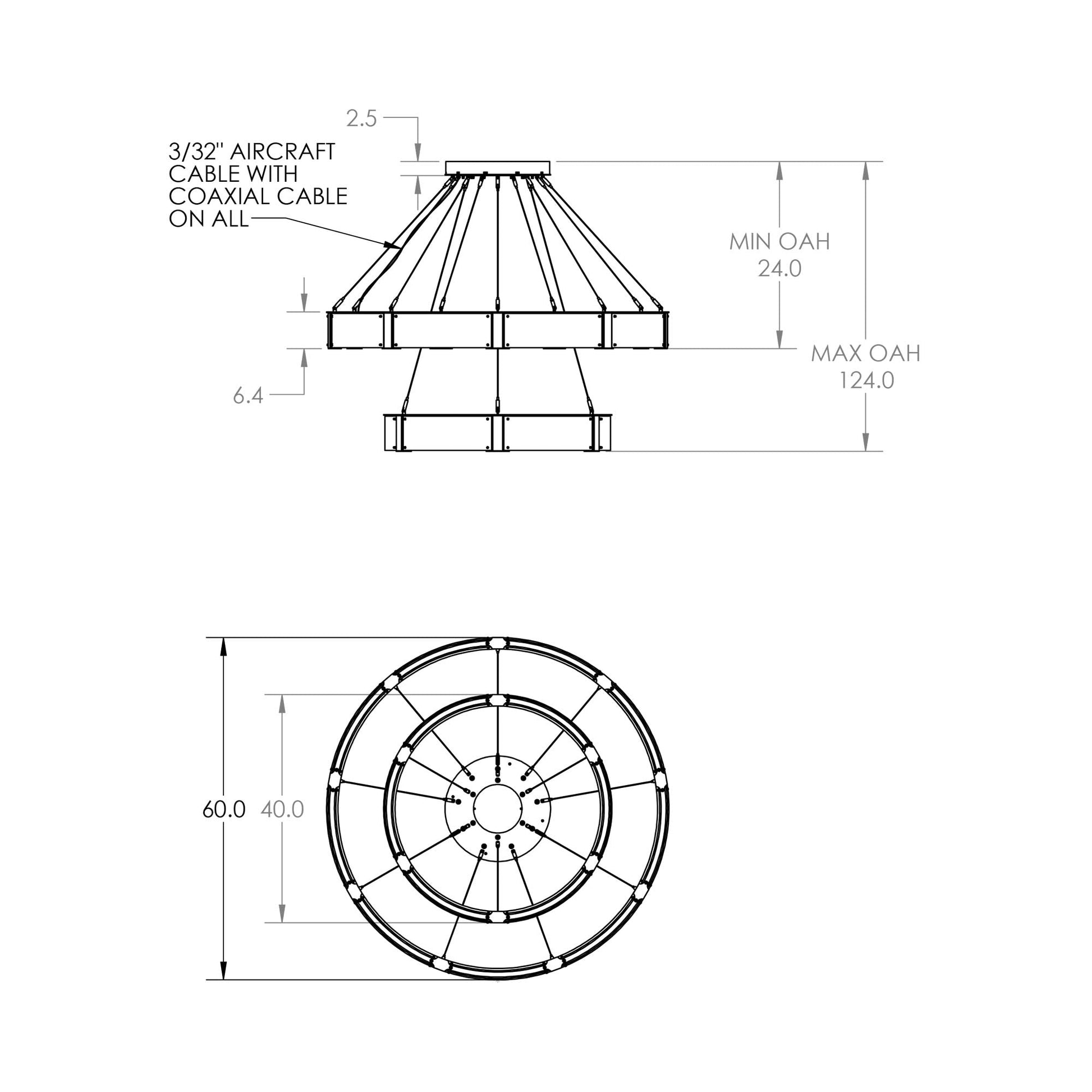Parallel Two-Tier Ring LED Chandelier - line drawing.