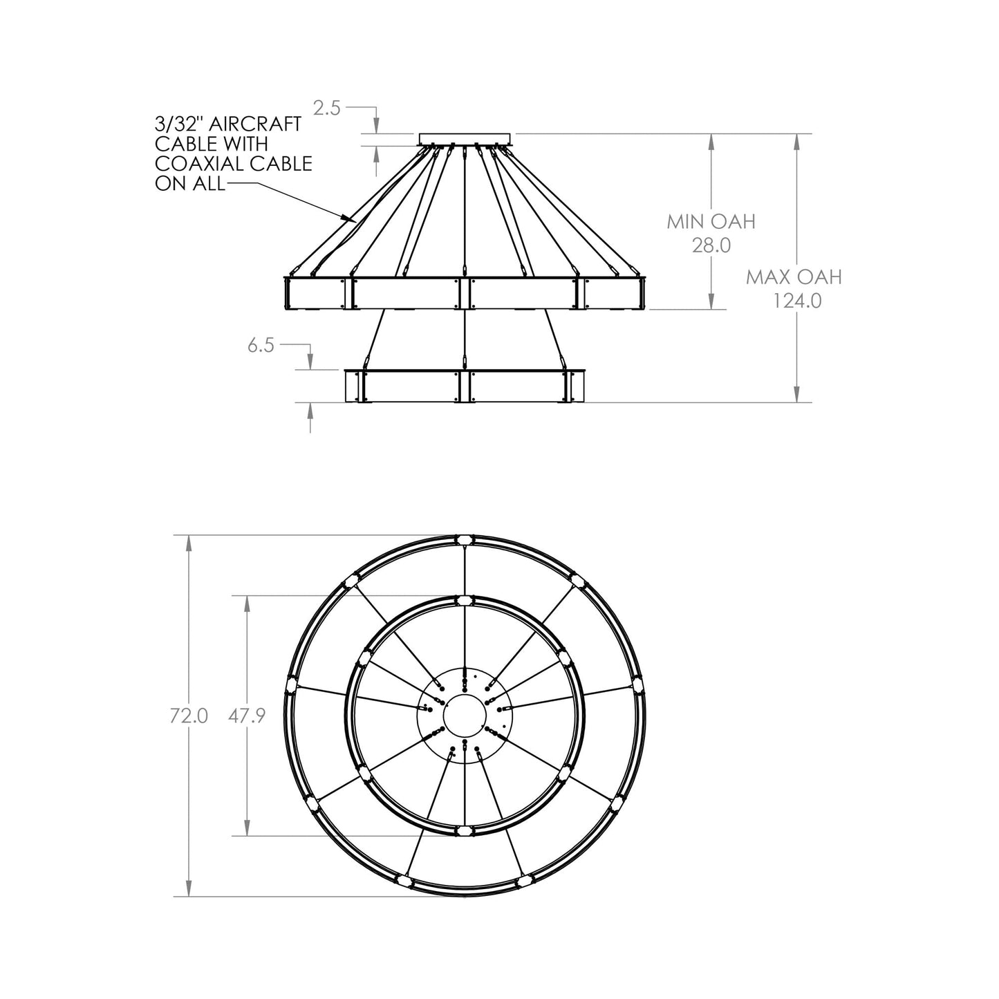 Parallel Two-Tier Ring LED Chandelier - line drawing.