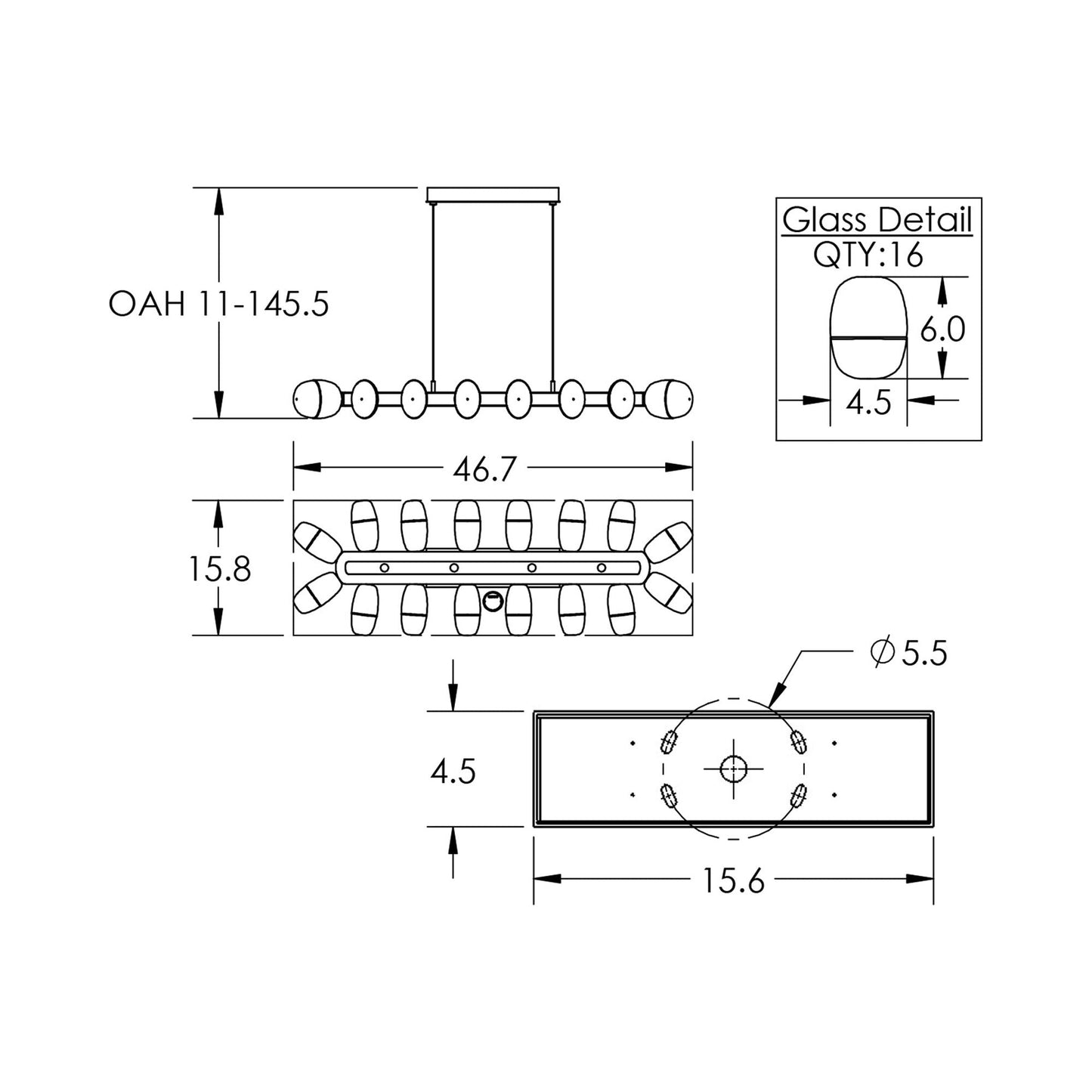 Pebble Linear LED Chandelier - line drawing.