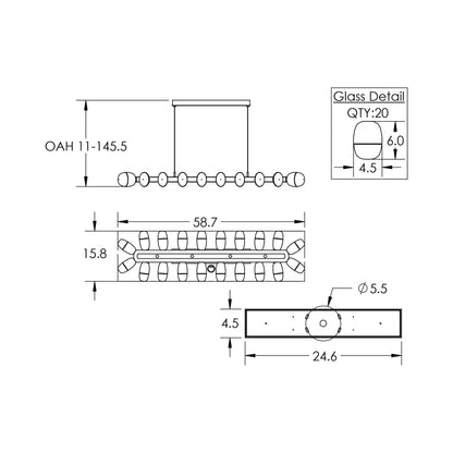 Pebble Linear LED Chandelier - line drawing.