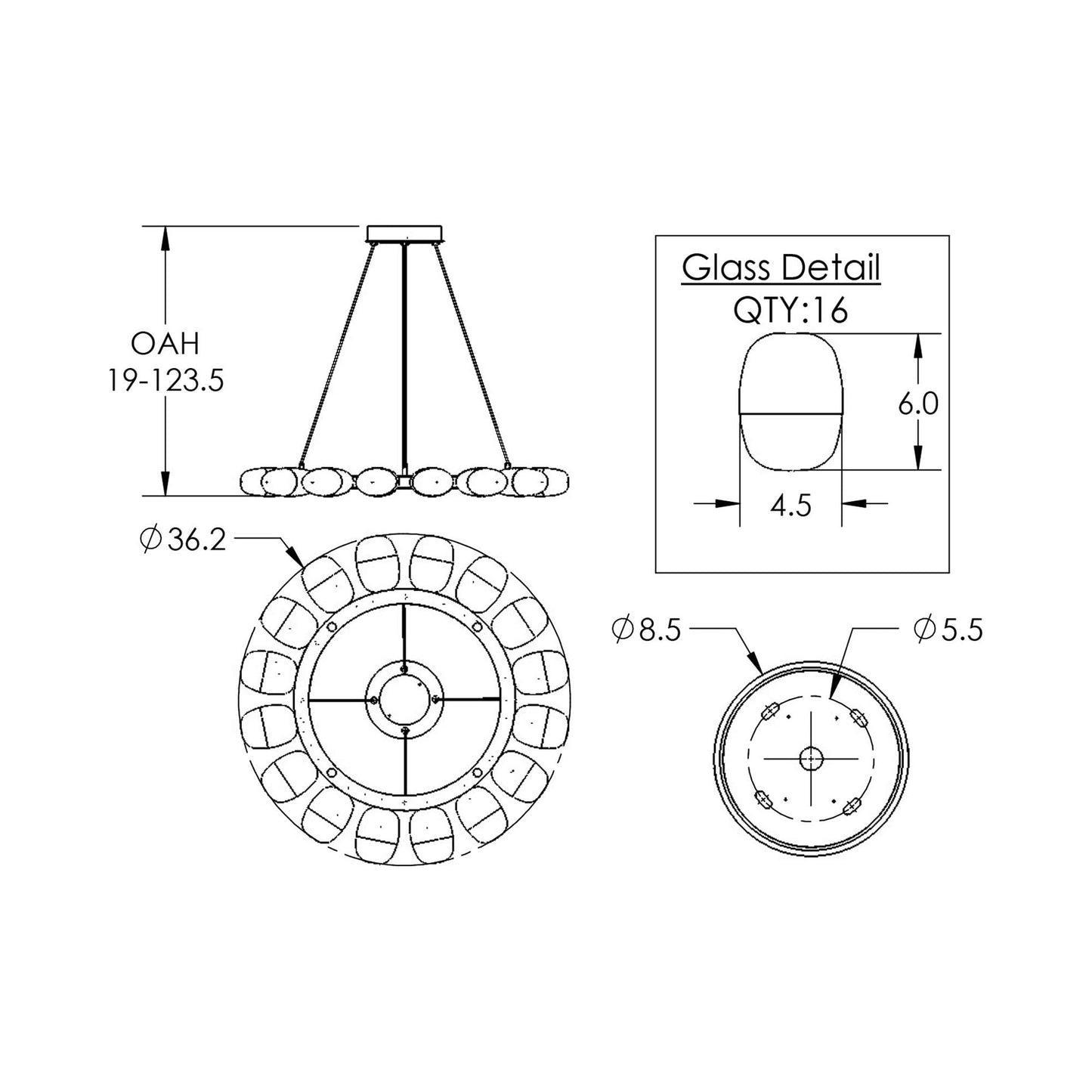 Pebble Ring LED Chandelier - line drawing.