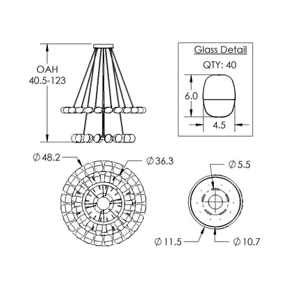 Pebble Two-Tier Ring LED Chandelier - line drawing.