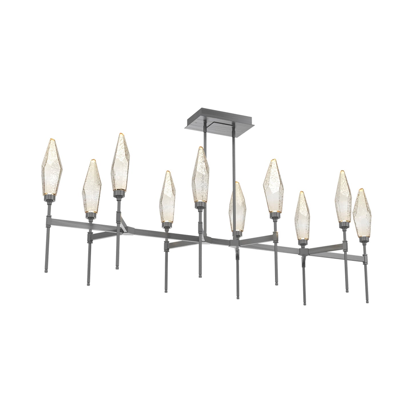 Rock Crystal Belvedere Linear LED Chandelier in Gunmetal/Amber Blown Glass (66.8-Inch).