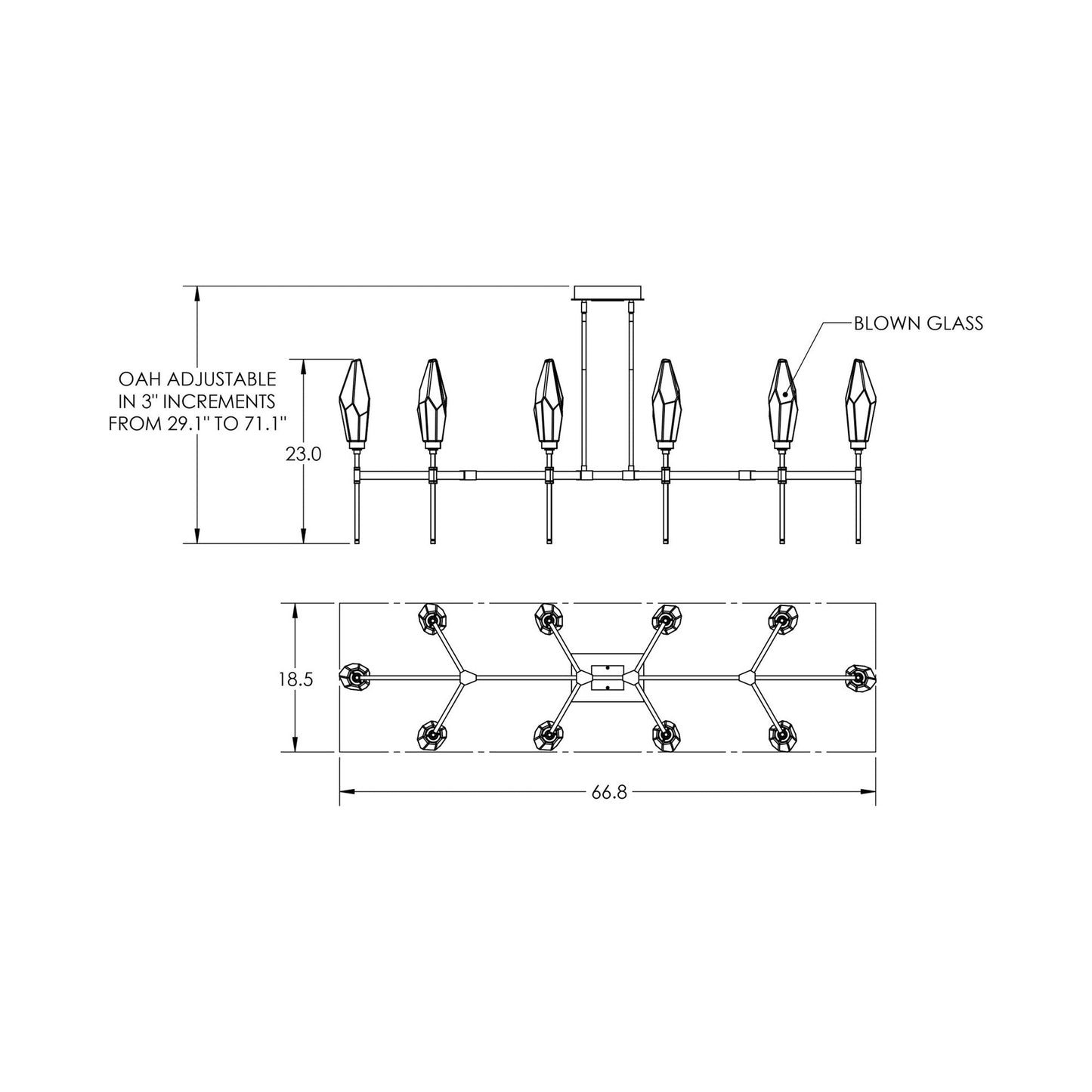Rock Crystal Belvedere Linear LED Chandelier - line drawing.