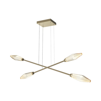 Rock Crystal Double Moda Linear LED Chandelier in Gilded Brass/Amber Blown Glass.