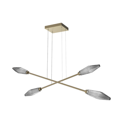Rock Crystal Double Moda Linear LED Chandelier in Gilded Brass/Smoke Blown Glass.