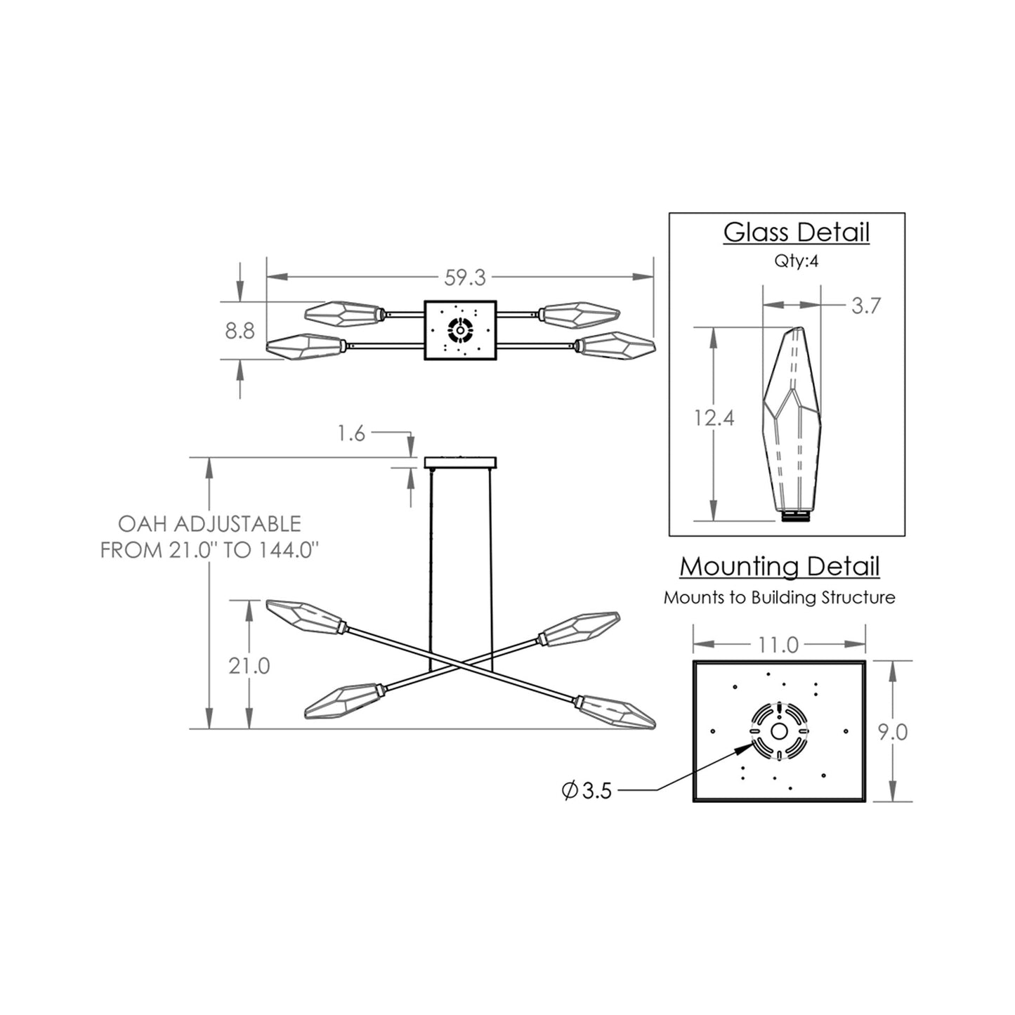 Rock Crystal Double Moda Linear LED Chandelier - line drawing.