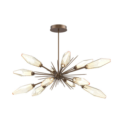 Rock Crystal Oval Starburst LED Chandelier in Flat Bronze/Amber Blown Glass.