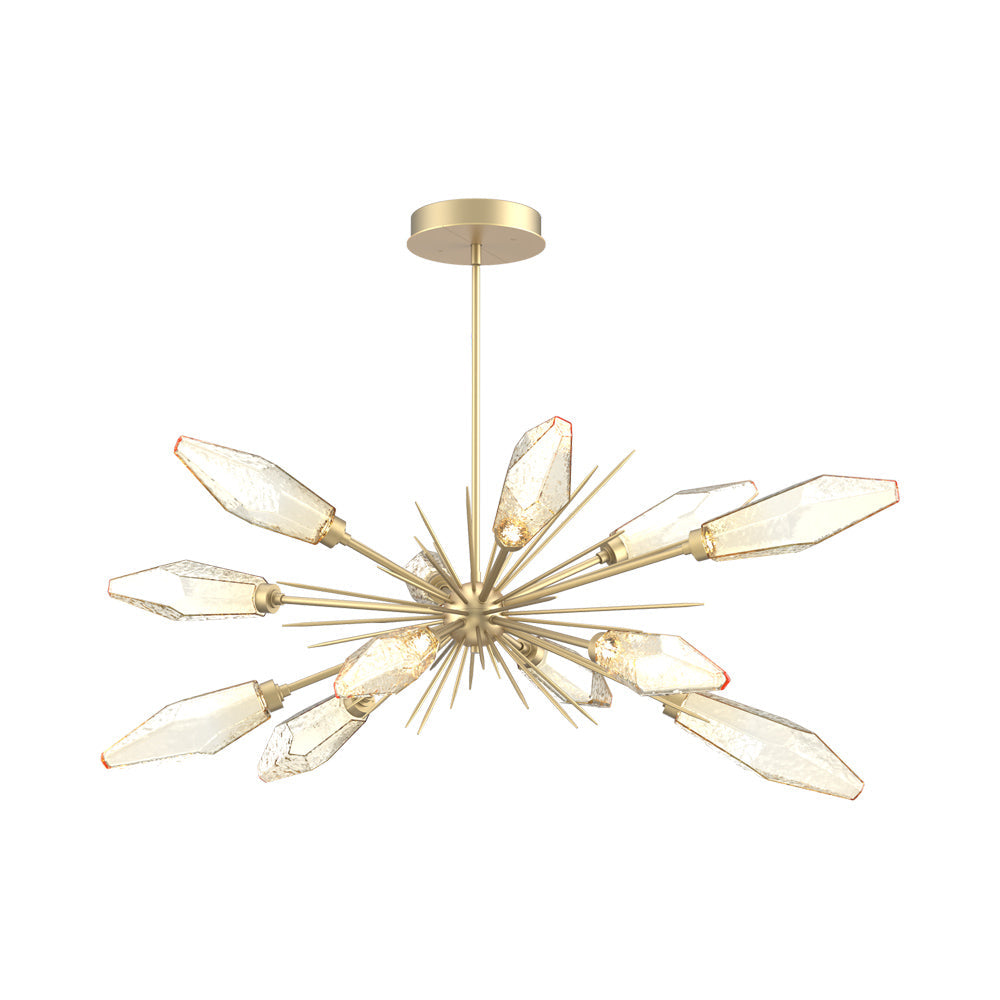 Rock Crystal Oval Starburst LED Chandelier in Gilded Brass/Amber Blown Glass.