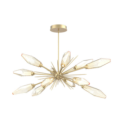 Rock Crystal Oval Starburst LED Chandelier in Gilded Brass/Amber Blown Glass.