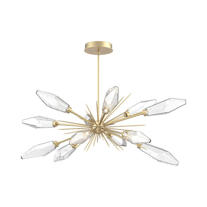 Rock Crystal Oval Starburst LED Chandelier in Gilded Brass/Clear Blown Glass.
