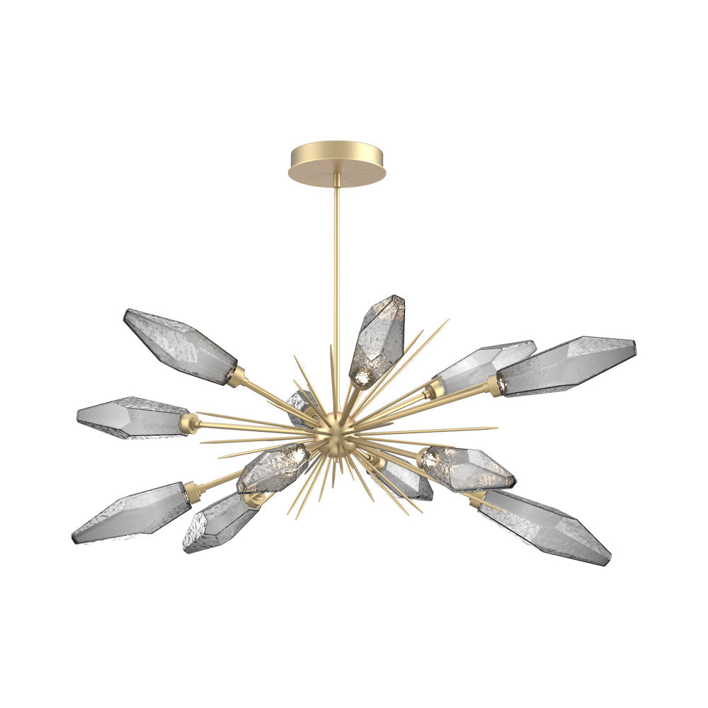 Rock Crystal Oval Starburst LED Chandelier in Gilded Brass/Smoke Blown Glass.