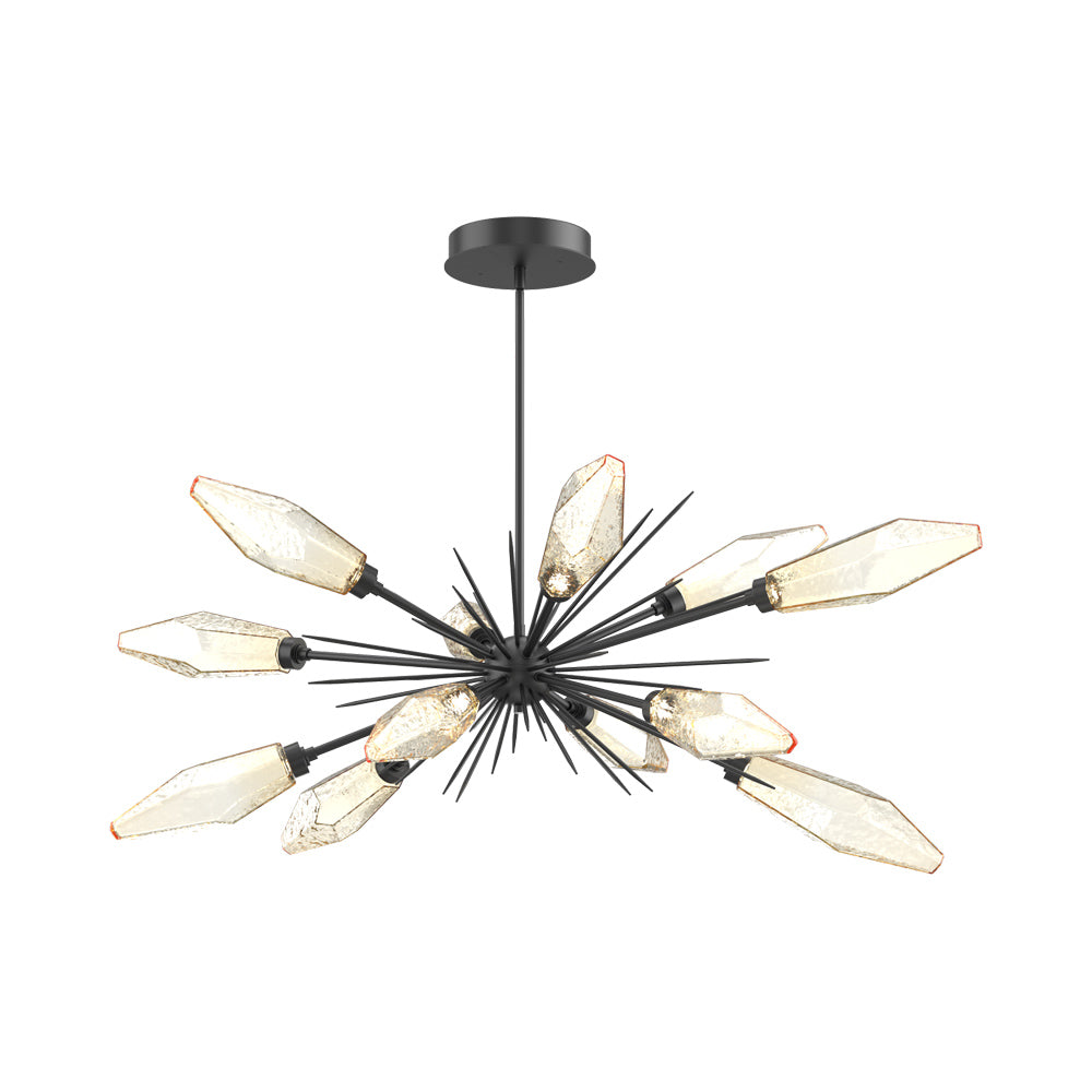 Rock Crystal Oval Starburst LED Chandelier in Matte Black/Amber Blown Glass.