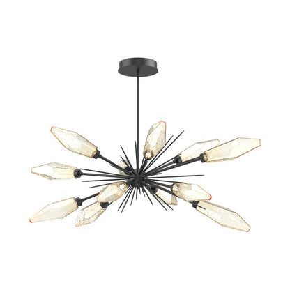 Rock Crystal Oval Starburst LED Chandelier in Matte Black/Amber Blown Glass.