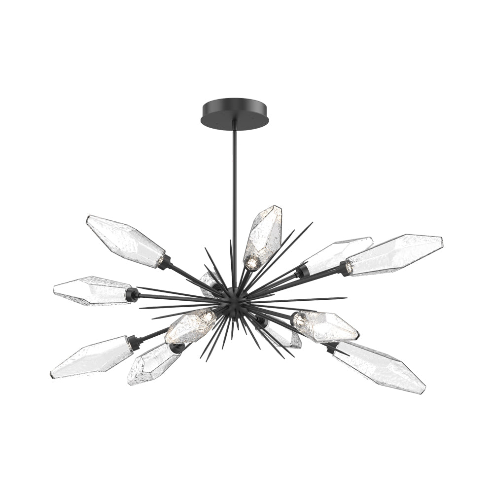 Rock Crystal Oval Starburst LED Chandelier in Matte Black/Clear Blown Glass.