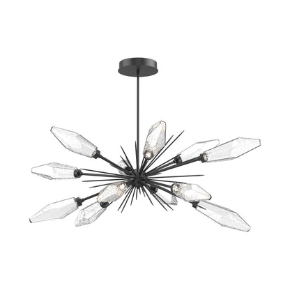 Rock Crystal Oval Starburst LED Chandelier in Matte Black/Clear Blown Glass.