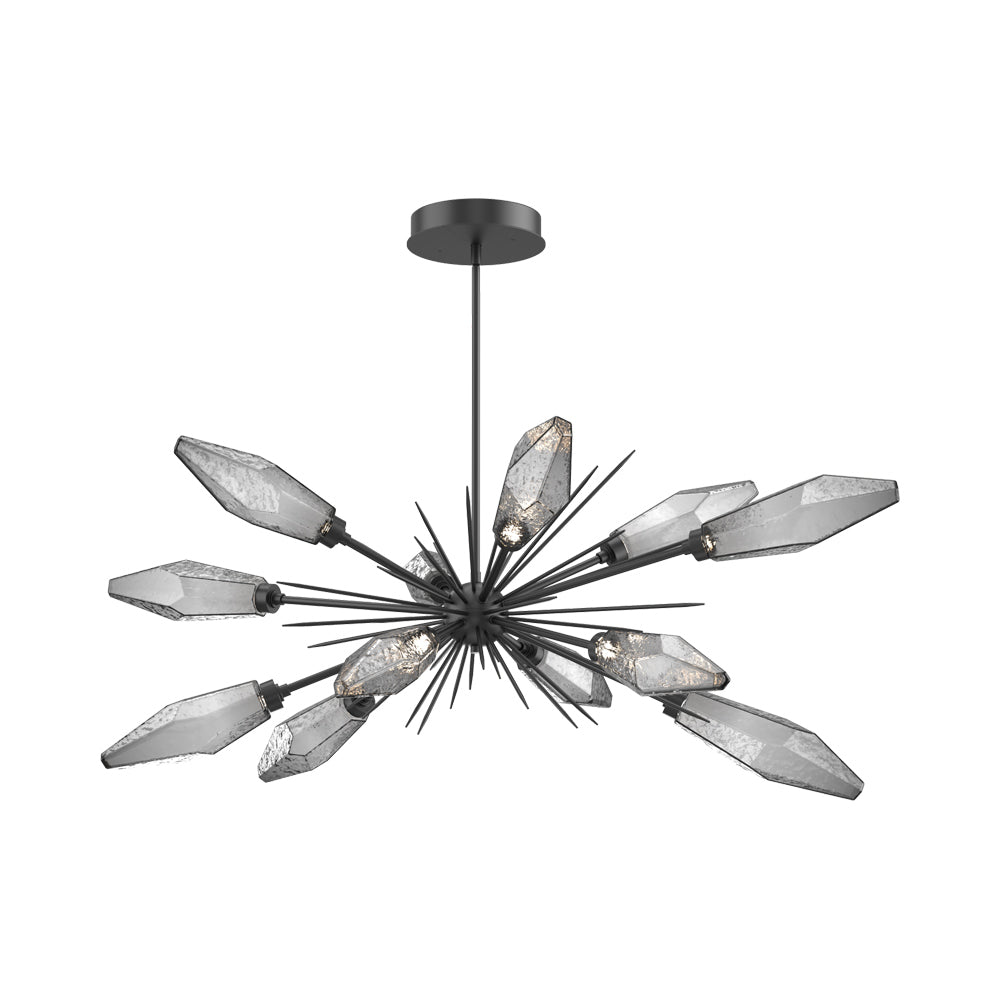 Rock Crystal Oval Starburst LED Chandelier in Matte Black/Smoke Blown Glass.
