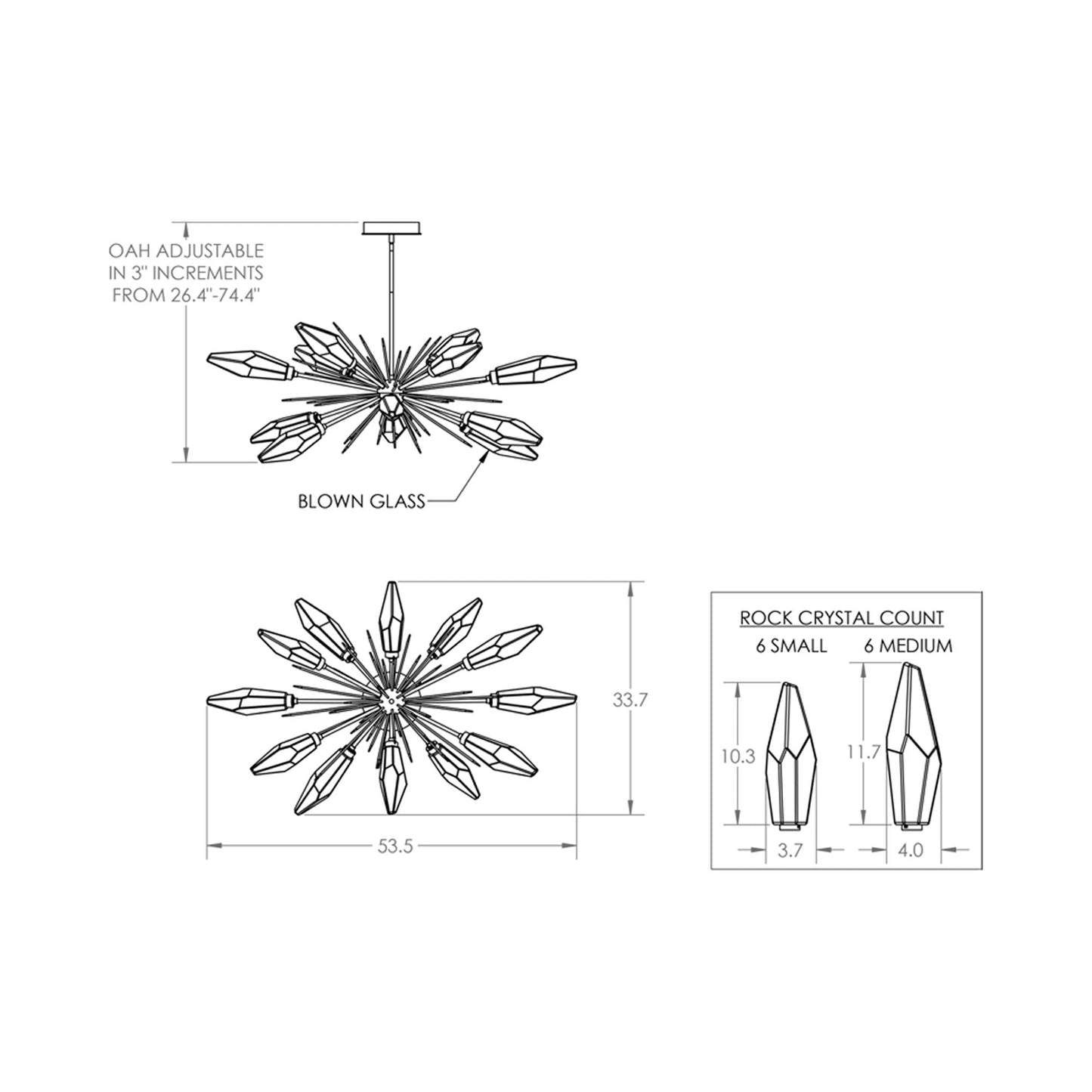 Rock Crystal Oval Starburst LED Chandelier - line drawing.