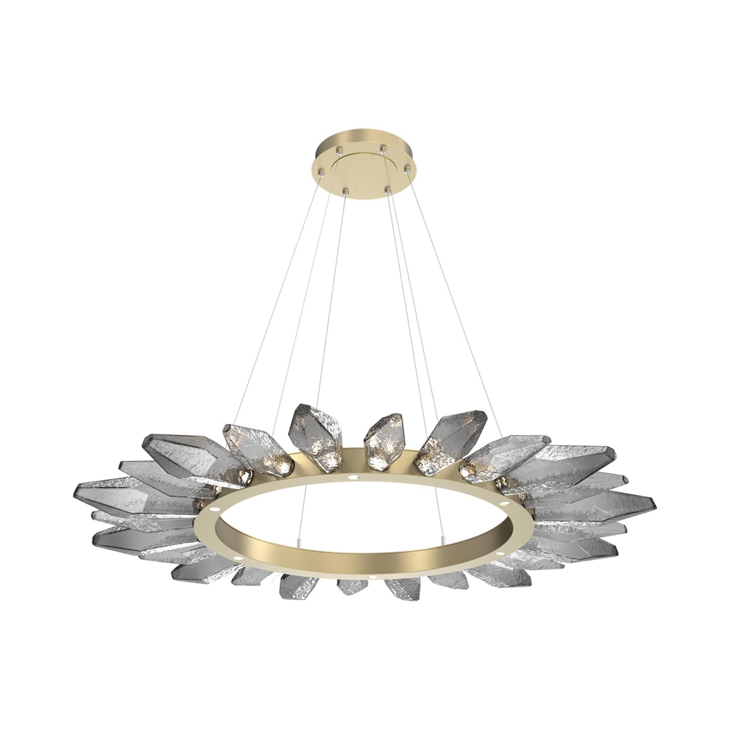 Rock Crystal Radial Ring LED Chandelier in Gilded Brass/Smoke Blown Glass (56.4-Inch).