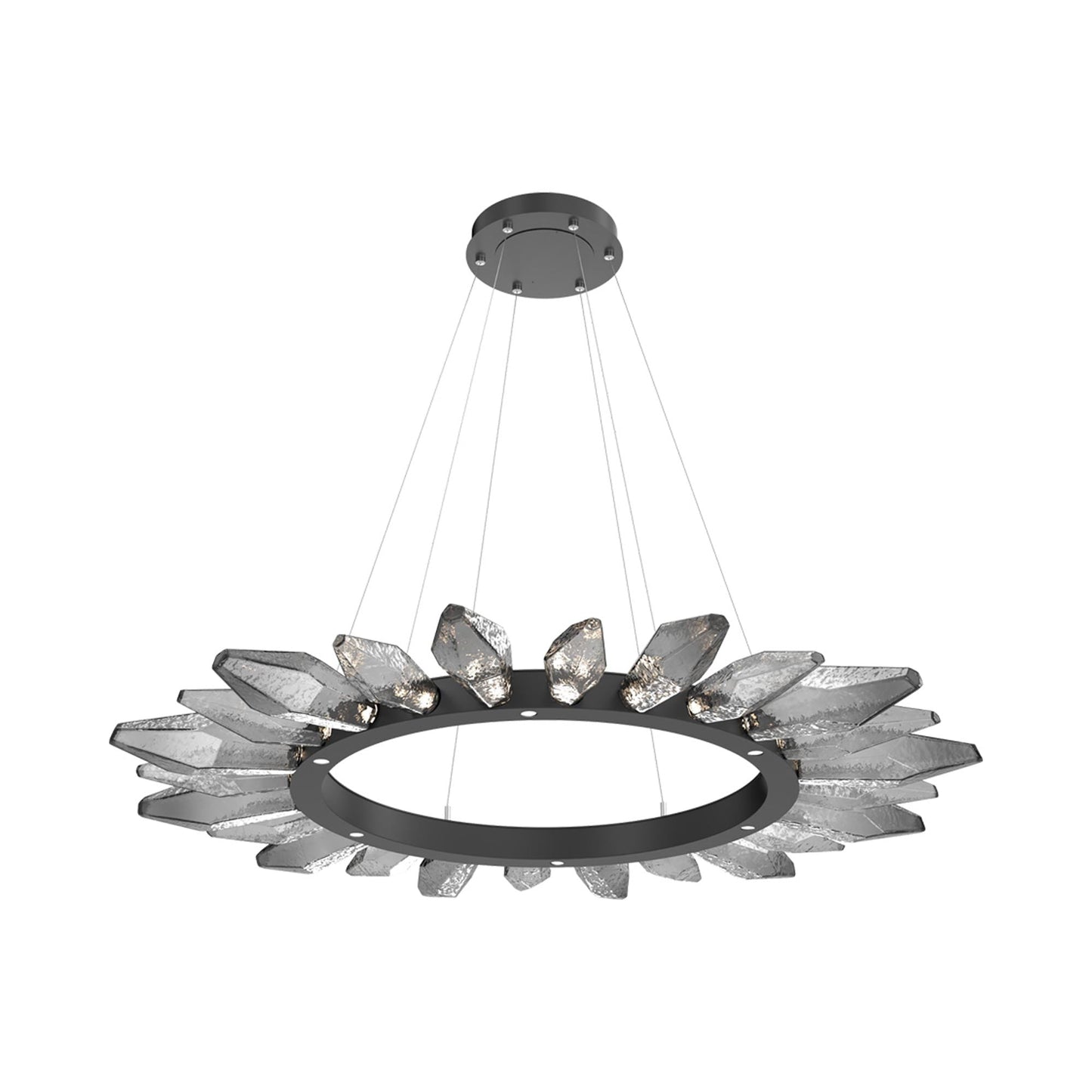 Rock Crystal Radial Ring LED Chandelier in Matte Black/Smoke Blown Glass (56.4-Inch).