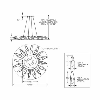 Rock Crystal Radial Ring LED Chandelier - line drawing.