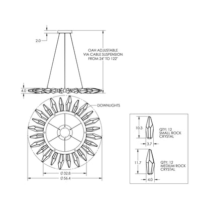 Rock Crystal Radial Ring LED Chandelier - line drawing.