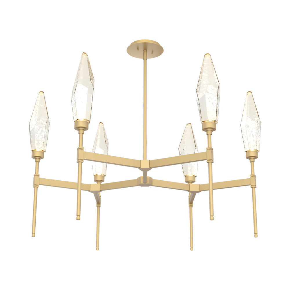Rock Crystal Round Belvedere LED Chandelier in Gilded Brass/Amber Blown Glass.