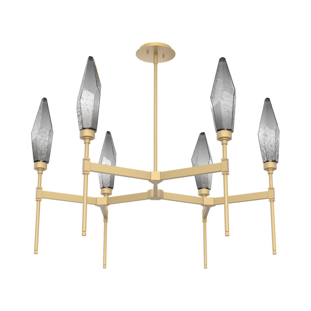 Rock Crystal Round Belvedere LED Chandelier in Gilded Brass/Smoke Blown Glass.