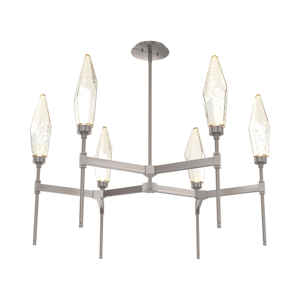 Rock Crystal Round Belvedere LED Chandelier in Gunmetal/Amber Blown Glass.