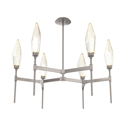 Rock Crystal Round Belvedere LED Chandelier in Gunmetal/Amber Blown Glass.