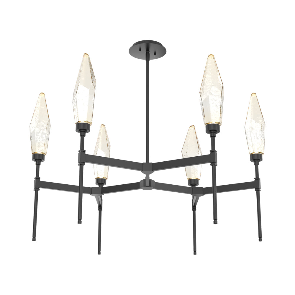 Rock Crystal Round Belvedere LED Chandelier in Matte Black/Amber Blown Glass.