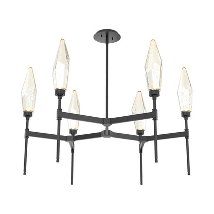 Rock Crystal Round Belvedere LED Chandelier in Matte Black/Amber Blown Glass.