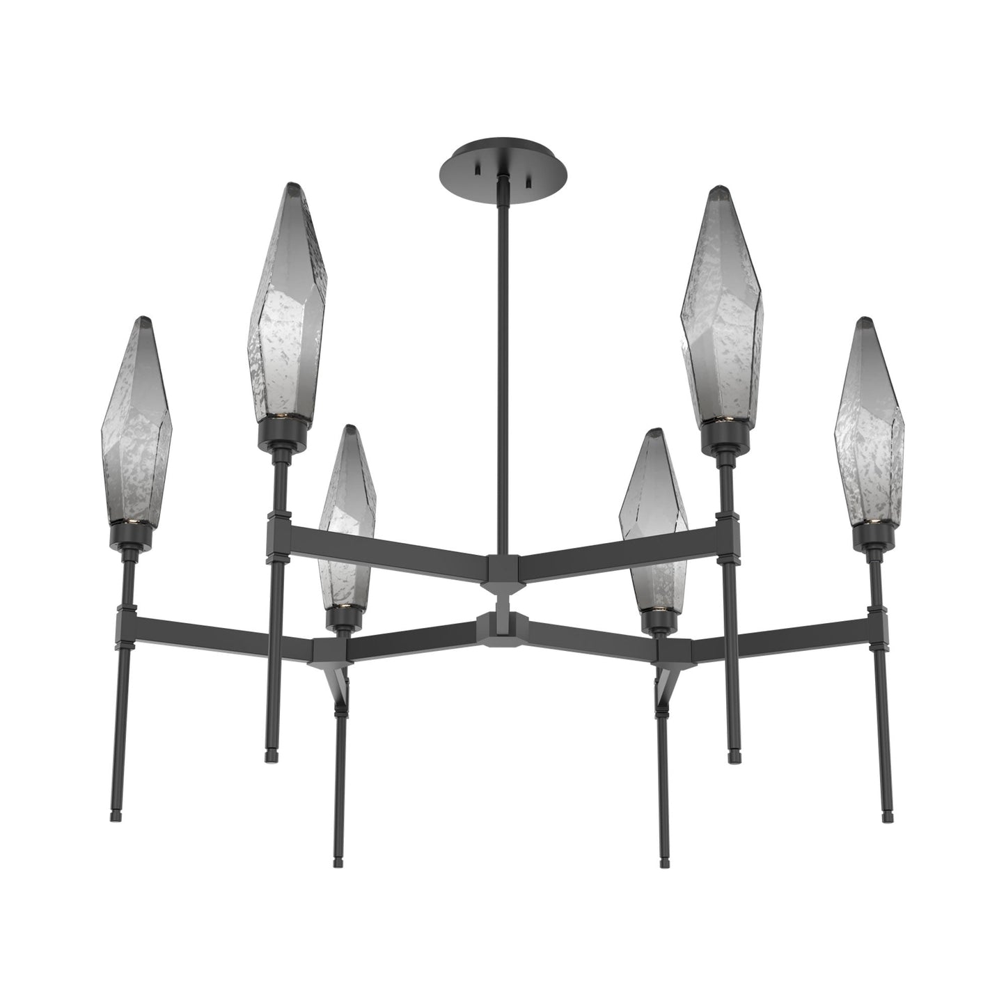 Rock Crystal Round Belvedere LED Chandelier in Matte Black/Smoke Blown Glass.