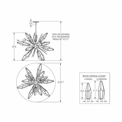 Rock Crystal Starburst LED Chandelier - line drawing.
